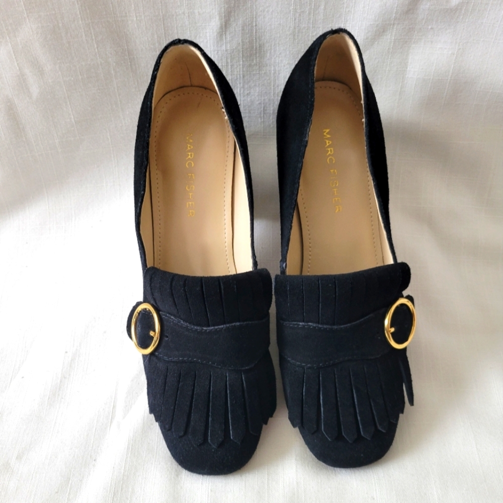 Mark Fisher Black Suede Block Heel & Fringe Loafer size 6 - Picture 3 of 15